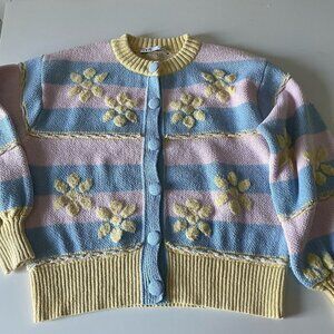 Zara Pastel Colors Floral Cottage Grandma Button Front Cardigan Sweater Small